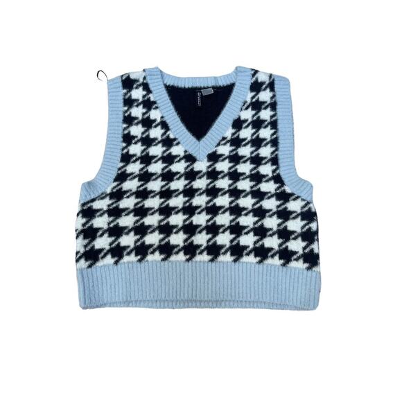 H&M Sweater Vest Houndstooth Divided Medium Jacquard Knit Blue Black Check Fuzzy - Picture 1 of 7
